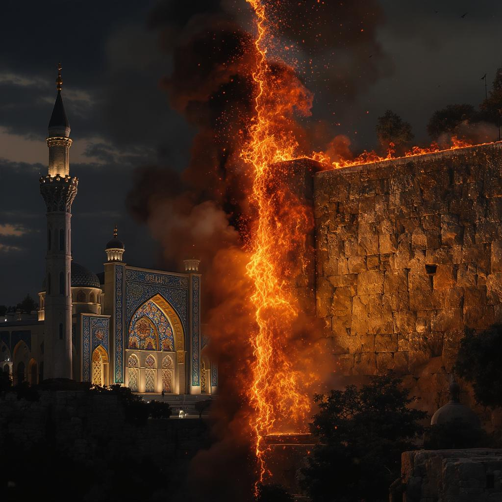 Una imagen que presenta el conflicto entre Irán e Israel, mostrando sus lugares más conocidos, del lado de Irán se ve la mezquita de Nazir ol Molk, en un cielo tenue y oscuro. Del lado israelí está el Muro de las Lamentaciones. Ambos lugares están divididos por una creciente línea de fuego que representa su creciente conflicto que aterroriza el medio oriente.